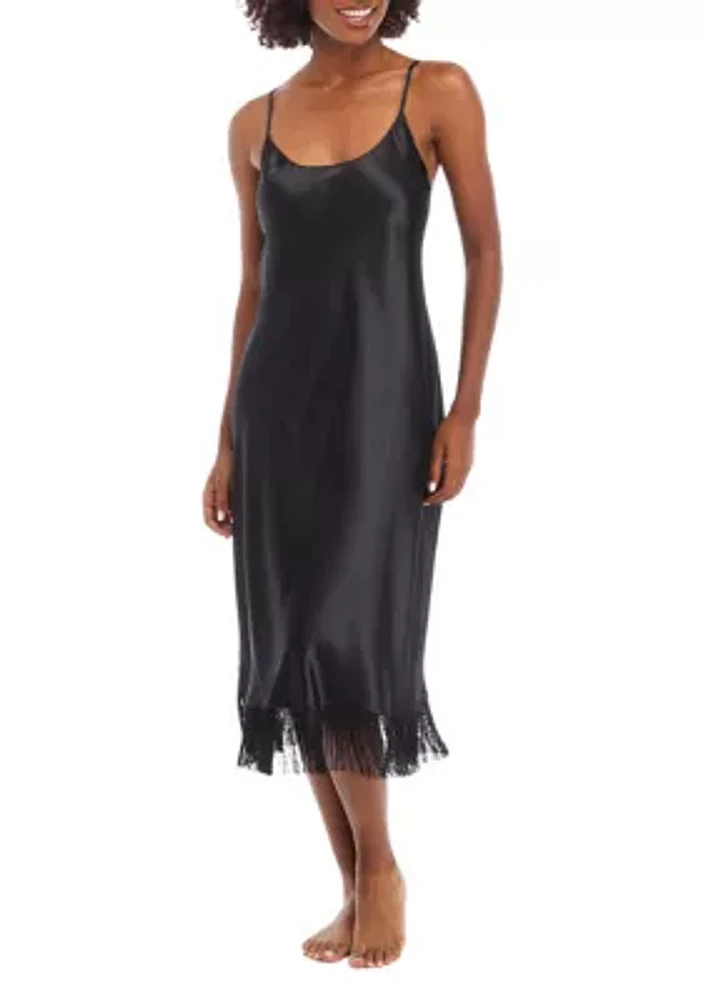 Women's Satin Midi Gown with Fringe