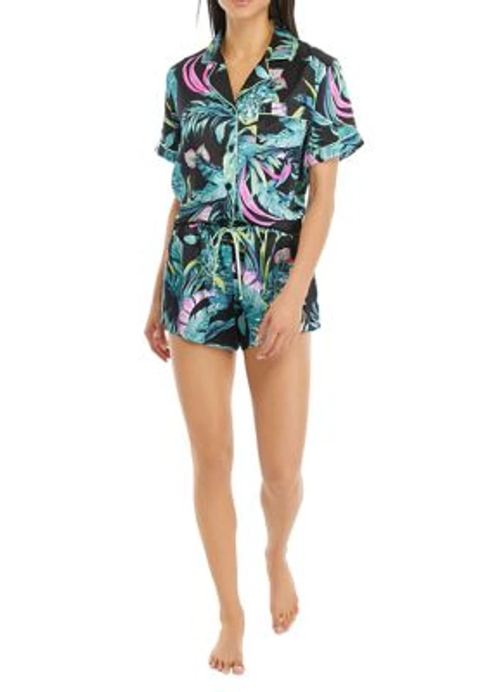 Satin Printed Short Sleeve Top and Shorts Pajama Set