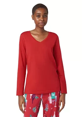 Solid Long Sleeve V-Neck Pajama T-Shirt