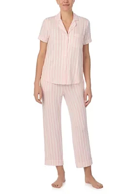 Cropped Stripe Printed Notch Collar Top and Pants Pajama Set