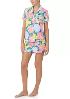 Women's Short Sleeve Notch Collar Shirt and Boxer Shorts Pajama Set
