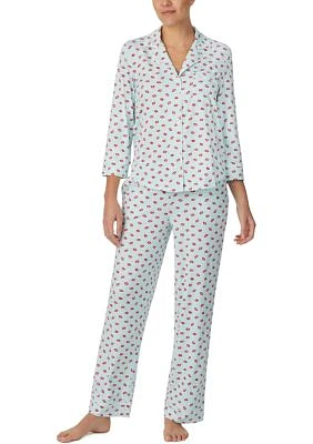 Women's Jersey 3/4 Sleeve Notch Collar Printed Pajama Set