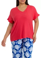 Plus Yummy V-Neck Ruffle Sleeve Pajama Top