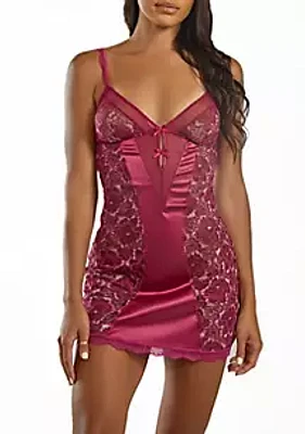 iCollection Sadie Soft-Cup Mesh, Satin, & Lace Chemise Patterned with Panels and Stretch Satin