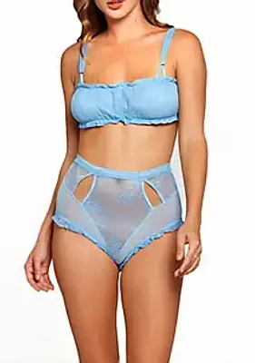iCollection Sharon 2PC Lace & Mesh Hi Waist Set a Bandeau Style with Ruffle Trim, Adjustable Straps and Keyhole back Panty Silver Clasp