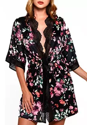 iCollection Front Tie Satin Print Robe with Lace