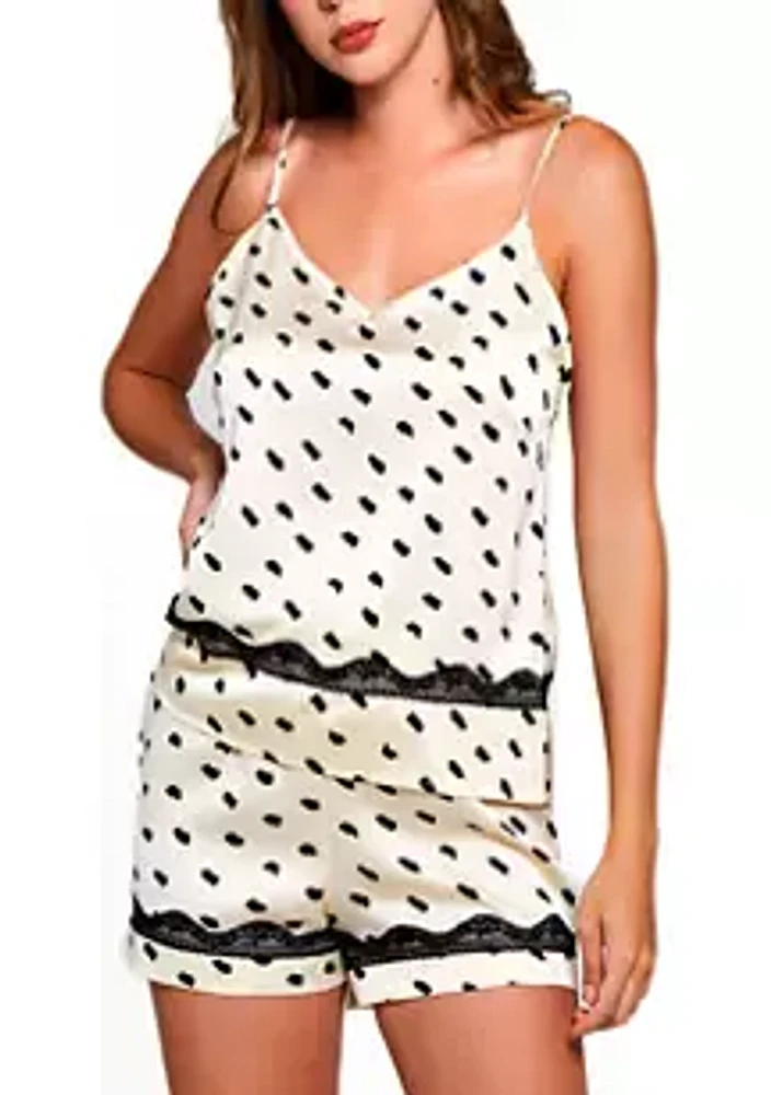 iCollection Ameil 2PC Dotted Satin Cami Set with Laced trim Waist and Shirts.  Made a Relaxed Elastic Adjustable Straps.