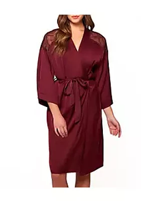 iCollection Nadine Ultra Soft Satin & Lace Robe with Elegant Shoulder Embroidery on Mesh. Made Looped Self Tie Sash and Inner Ties