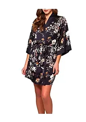iCollection Marlena Stretch Satin Floral Print Robe with Contrast Placket and Sleeve Hems. Designed looked Self Tie Sash Inner Ties.