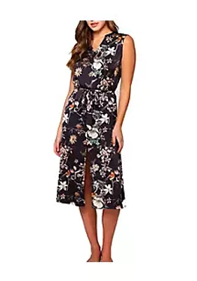 iCollection Marlena 1 PC Stretch Satin Floral Print Long Dress with Front 12' Slit and looped self Tie Sash