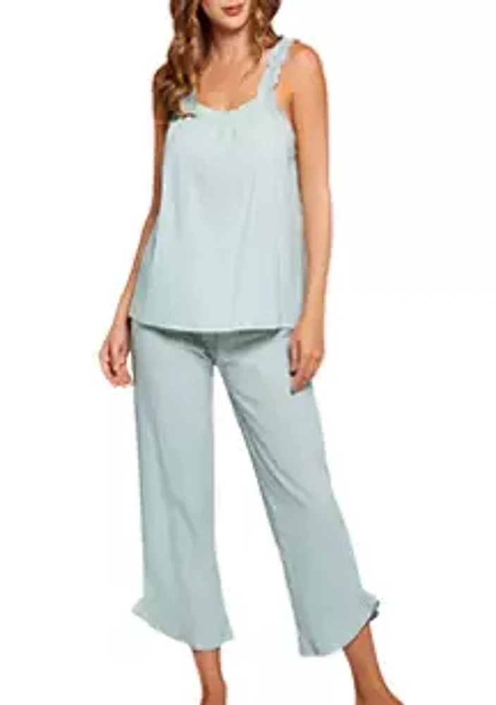 iCollection Darcy Ruffle Textured Cotton Cami and Relaxed Elastic Waist Capri Set with ruffled Trimmed Hemline, Shoulders neckline.