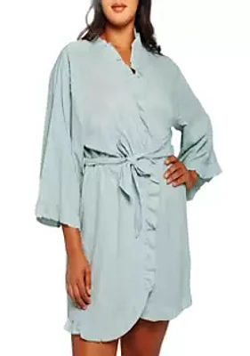 iCollection Darcy Textured Cotton Ruffle Placket Robe with Looped Self Tie Sash and Inner Ties.