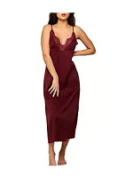 iCollection Gwendolyn Soft Cup Stretch Satin Midi Slip W/ Deep Breezy Laced V Underbust Trimmed Lace and around the neckline to back. Relaxed Fit with Adjustable Straps.