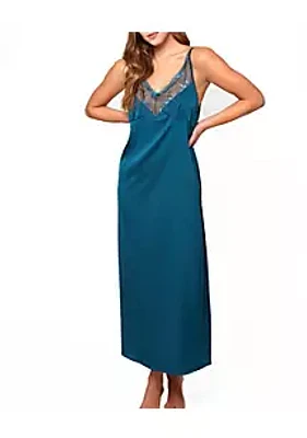 iCollection Marguerite Soft Cup Stretch Satin Long Gown with Deep V Elegantly Embroidered Mesh Neckline. Relaxed Fit Adjustable Straps