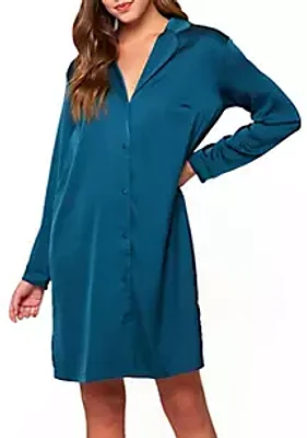 iCollection Marguerite Stretch Satin Relaxed Sleep Shirt W/  Embroidered Lace on Mesh Patterned with Back. has Double Bottom Side Slits
