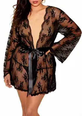 iCollection Madylin Plus Soft Fine Sheer  Lace Robe with Satin Self Tie