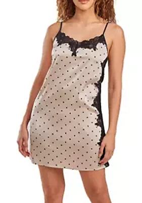 iCollection Caris Dotted Satin Chemise, Adorned Front and Side Lace