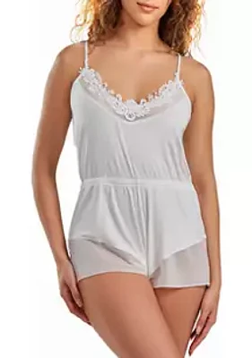 iCollection Fallen Lace Ultra Soft Romper Trimmed Sheer Mesh