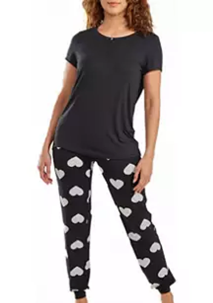 iCollection Kindred Heart 2pc Modal Tee and Jogging Pant Pj Set Comfy Cozy Style.