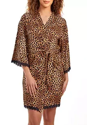 iCollection Reise Leopard Robe with Self Tie Sash and Lace Trimmed Hemlines