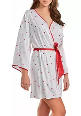 iCollection Lilly Heart Print Robe with contrast self Tie Sash and Red Trim.