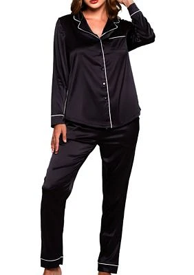 Plus 2-Piece Satin Notch Collar Pajama Set