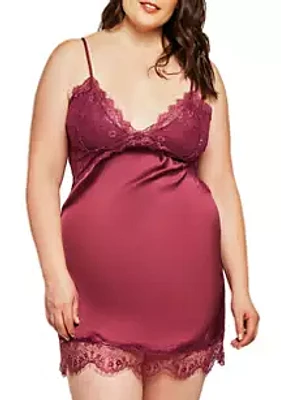 iCollection Plus Size Satin Chemise with Lace Trim