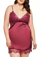 iCollection Plus Size Satin Chemise with Lace Trim