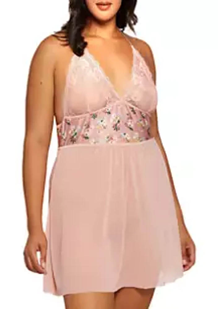 iCollection Plus Size Allover Lace Mesh Halter Babydoll