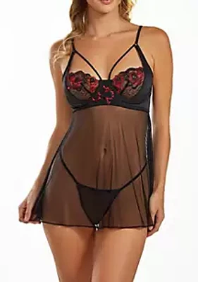 iCollection Jules Underwire Strappy Satin, Lace, & Mesh Bbydoll with Embroidered Lace and Matching Thong