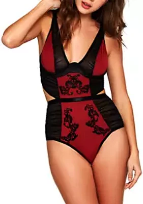 iCollection Micro & Mesh Teddy Bodysuit with Ruching Appliqué