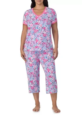 Plus Short Sleeve Printed Cropped Pajama Set