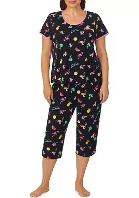 Plus Short Sleeve Top and Cropped Pants Pajama Set