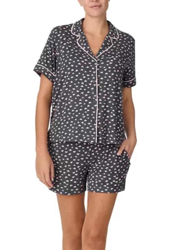 Women's Short Sleeve Notch Top and Boxer Shorts Pajama Set