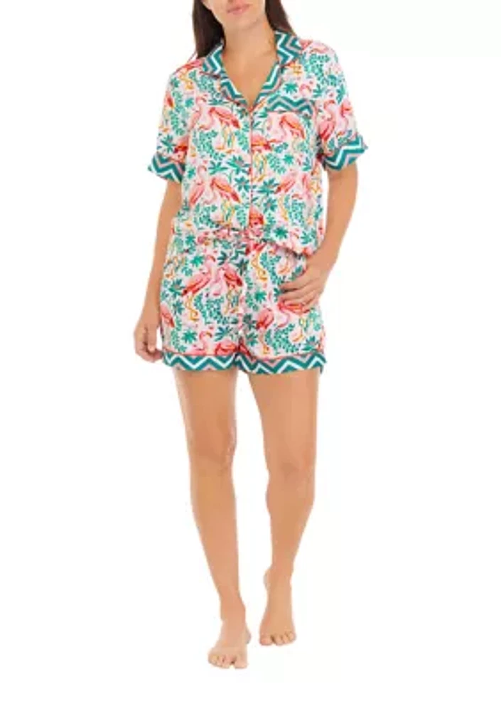 Flock of Flamingos Short Sleeve Satin Pajama Set