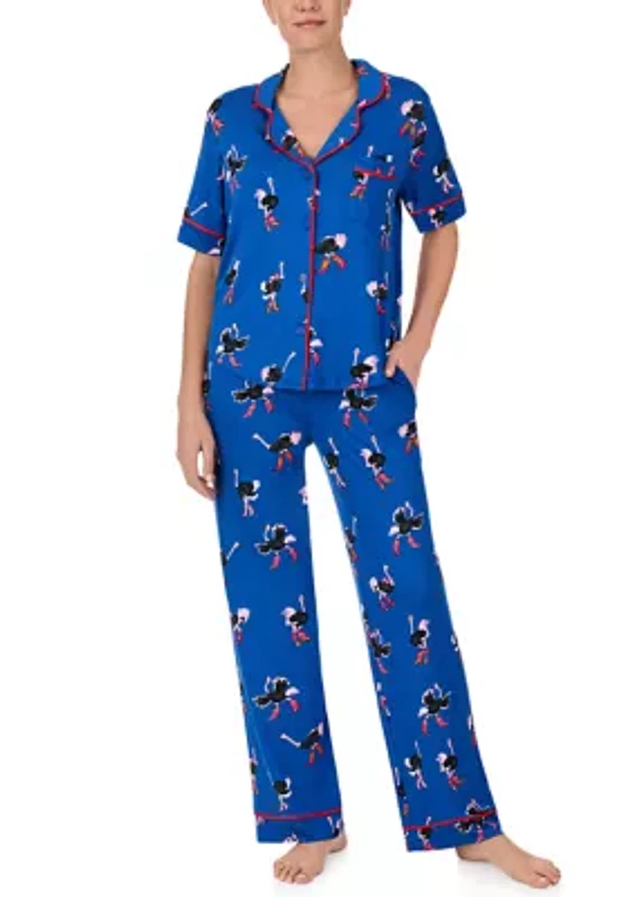 Knit Printed Button Down Top and Pants Pajama Set