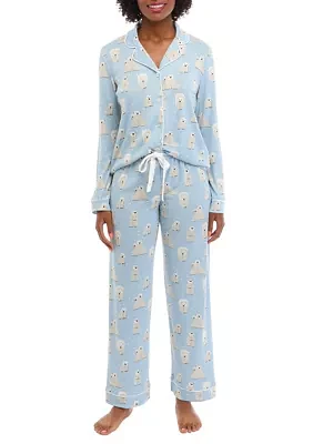 Brushed Pointelle Printed Notched Pajama Set