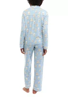 Brushed Pointelle Printed Notched Pajama Set