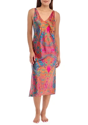 Sleeveless Printed Satin Midi Gown