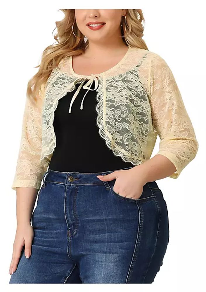 Belk Shrug Top for Women's Plus Tie Front Floral Lace Office Sheer Crop  Cardigan | The Summit