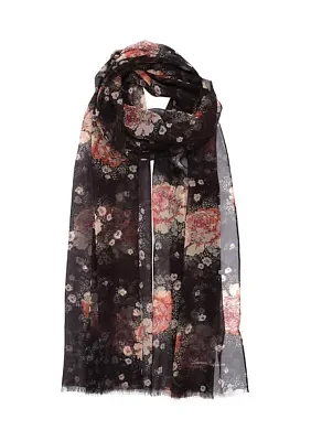 Rose Floral Oblong Scarf with Tiered Ruffles 