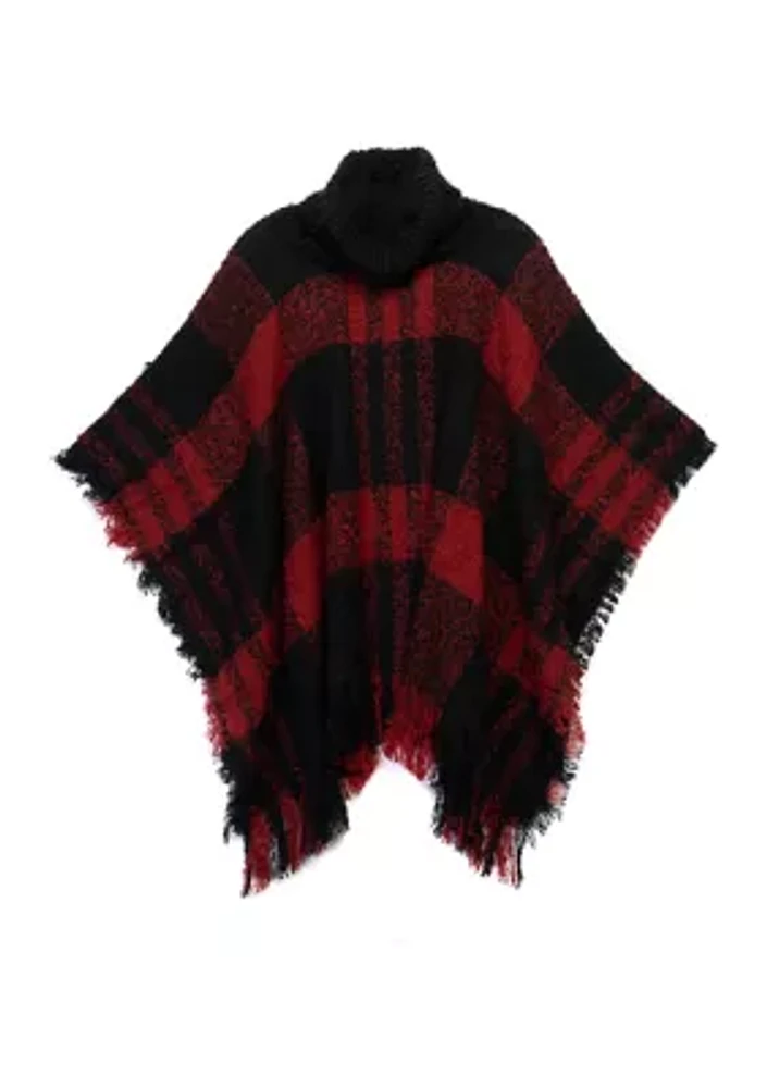 Women's Plaid Printed Ribbed Neck Bouclé Topper