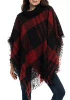 Women's Plaid Printed Ribbed Neck Bouclé Topper