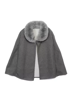 Women's Solid Faux Fur Collared Cape Topper