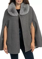 Women's Solid Faux Fur Collared Cape Topper