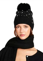 Solid Scarf and Pearl Beanie Set