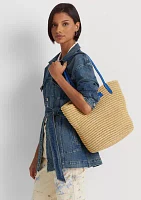 Leather-Trim Straw Large Brie Tote Bag