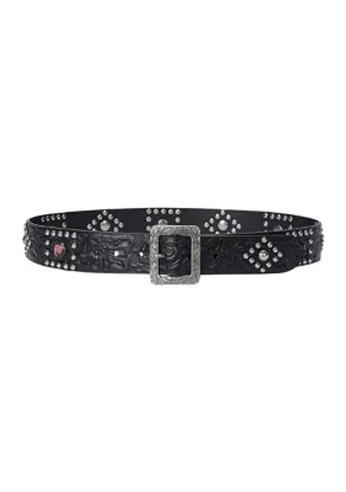 Embellished Tooled Leather Wide Belt