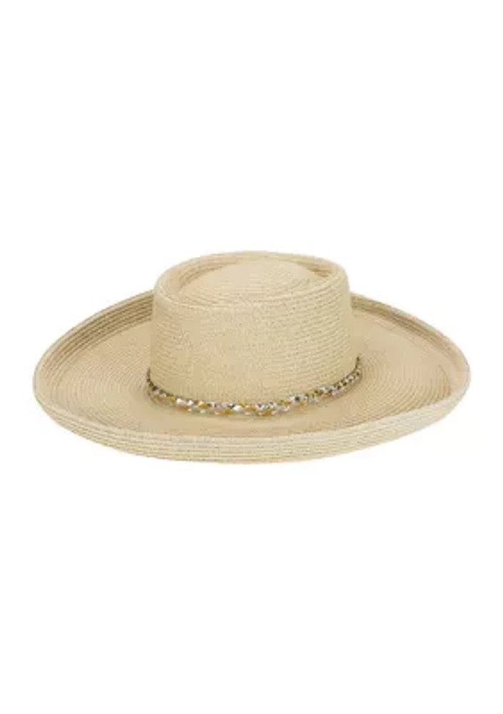 Women's Turned Brim Gambler Hat with Metallic Band