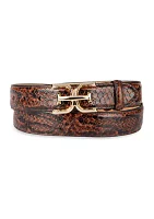 Women's Slim Textured Croc Belt with Double E Plaque Logo Buckle